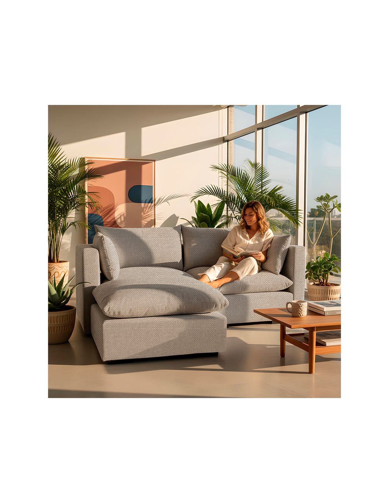 Sala Modular Coprire Georgia 2 Plazas y Taburete Gris Claro
